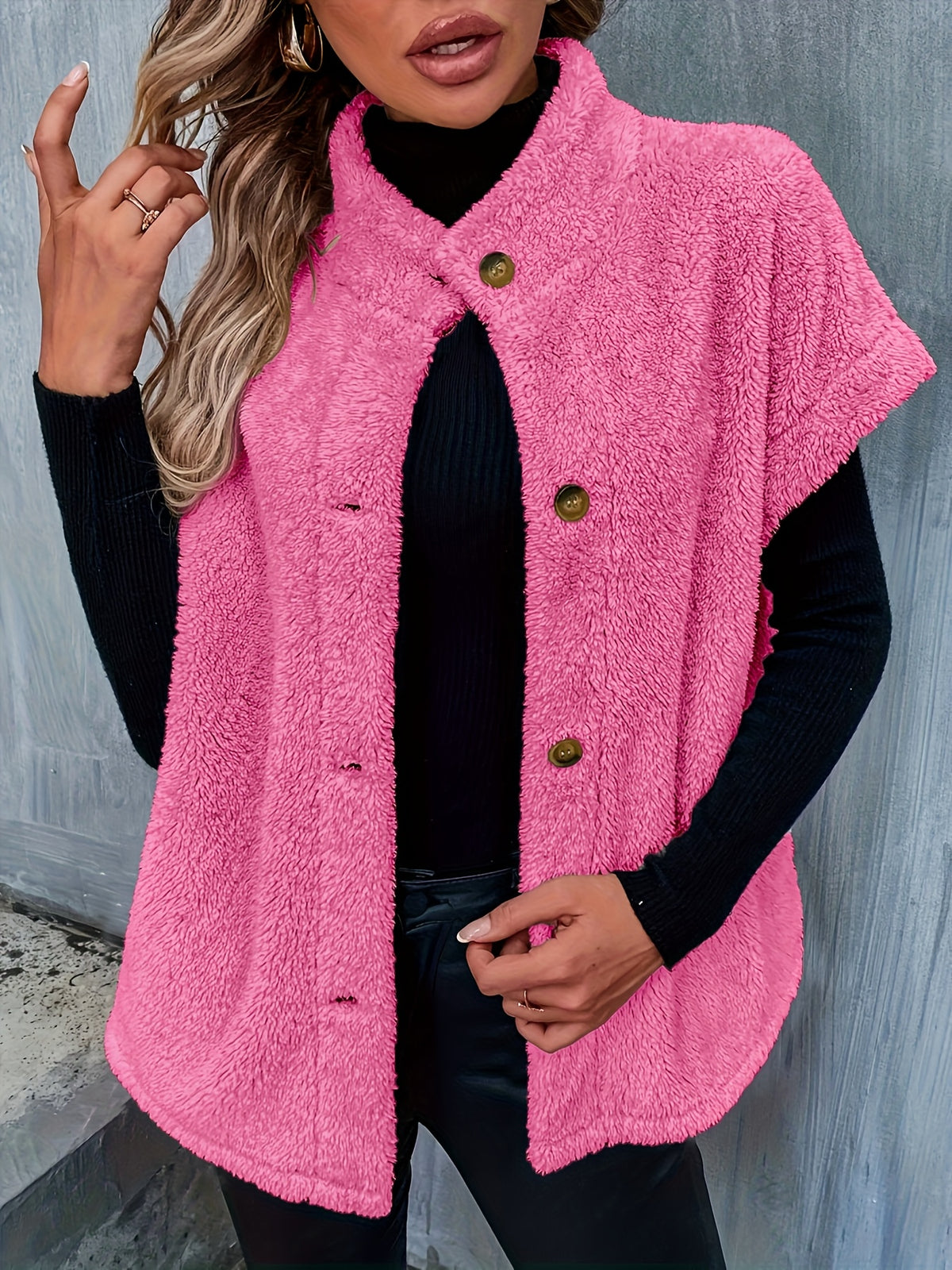 Valentine Teddy Button-Front Vest with Half-High Collar for Women