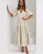 Kaya | V-Neck Puffed Sleeve Midi Dress for Women