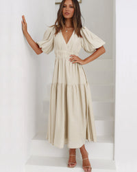 Kaya | V-Neck Puffed Sleeve Midi Dress for Women