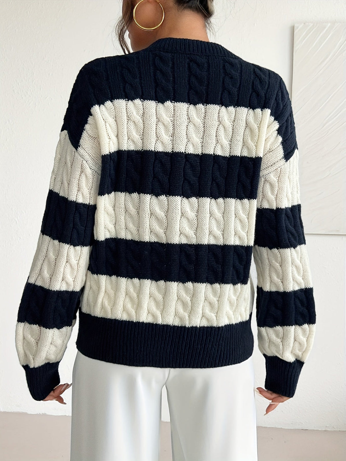 Otilia | Striped V-Neck Oversized Cable Knit Sweater for Women