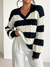 Otilia | Striped V-Neck Oversized Cable Knit Sweater for Women
