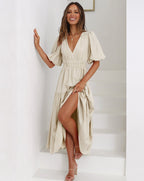 Kaya | V-Neck Puffed Sleeve Midi Dress for Women