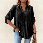 Talora – Button-Front V-Neck Blouse with Roll-Up Sleeves