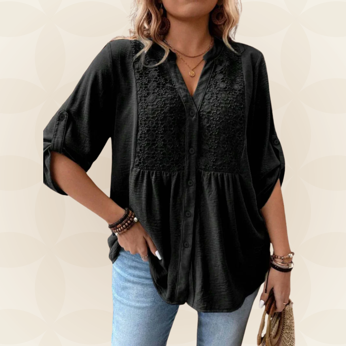 Talora – Button-Front V-Neck Blouse with Roll-Up Sleeves