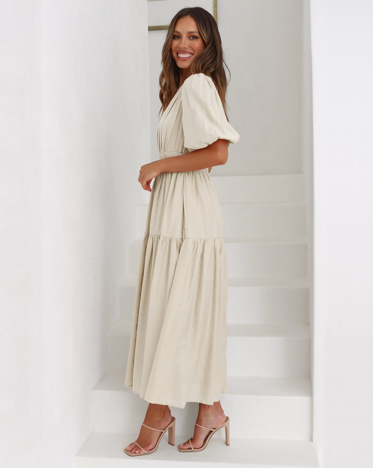Kaya | V-Neck Puffed Sleeve Midi Dress for Women