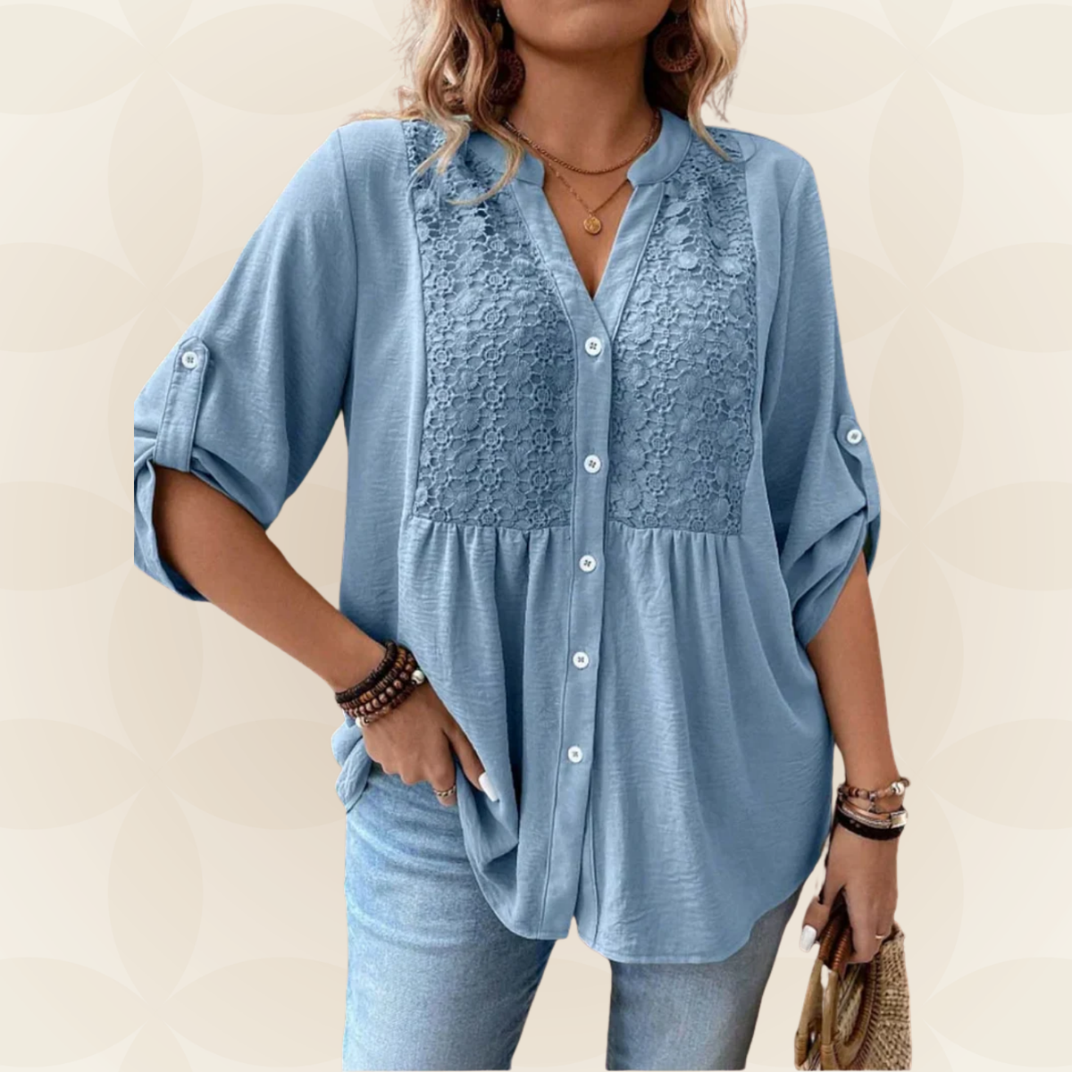 Talora – Button-Front V-Neck Blouse with Roll-Up Sleeves