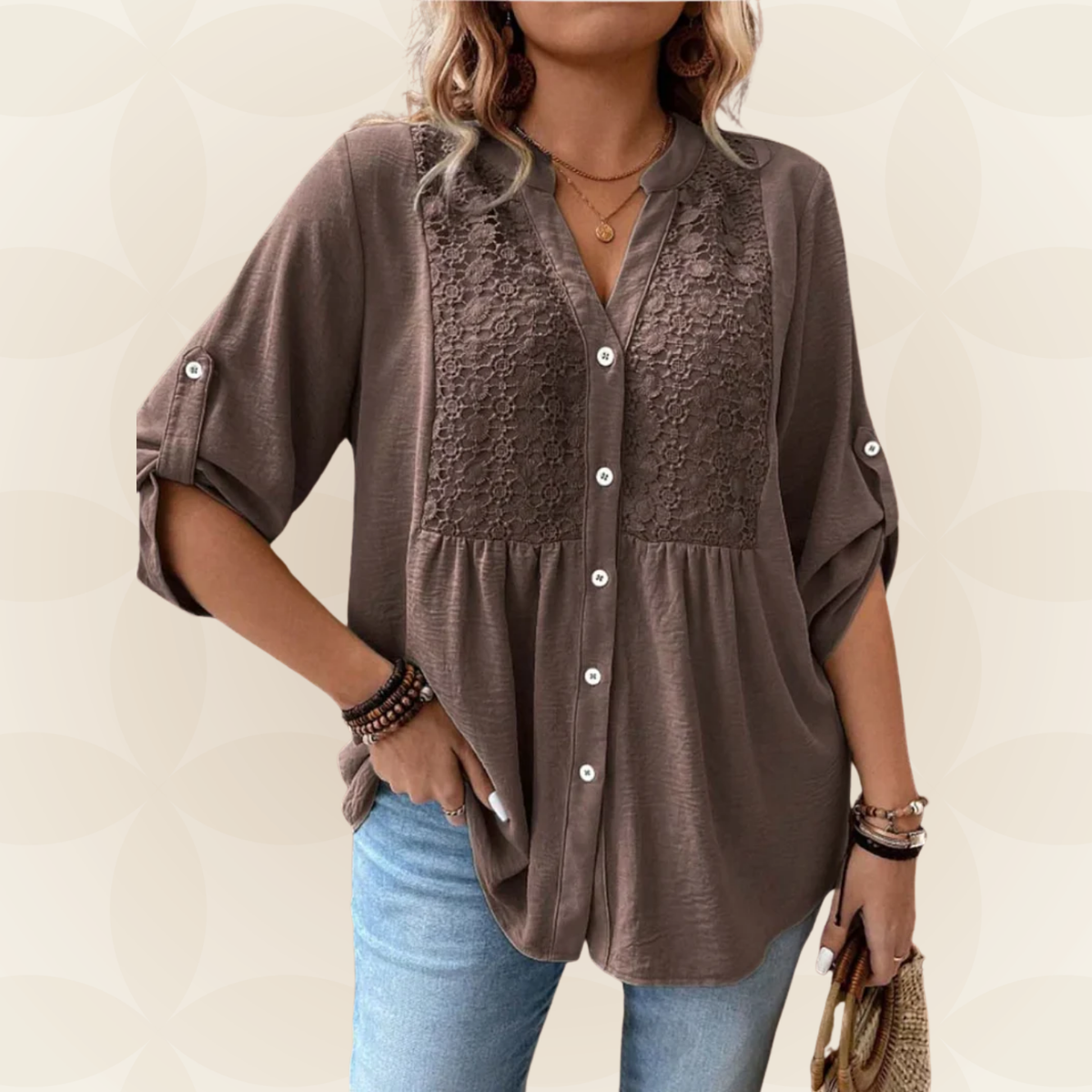 Talora – Button-Front V-Neck Blouse with Roll-Up Sleeves