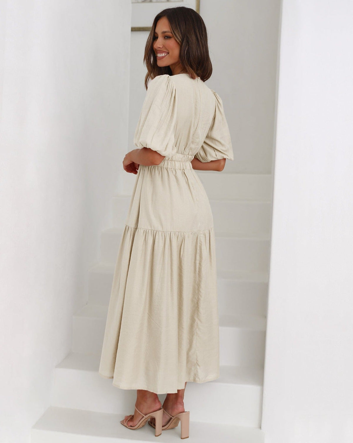 Kaya | V-Neck Puffed Sleeve Midi Dress for Women