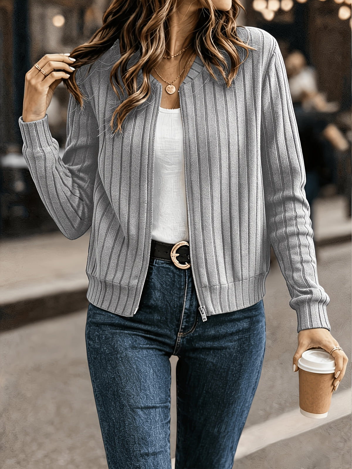 Jasmine | Ribbed Zip-Front Bomber Cardigan for Women