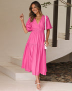 Kaya | V-Neck Puffed Sleeve Midi Dress for Women