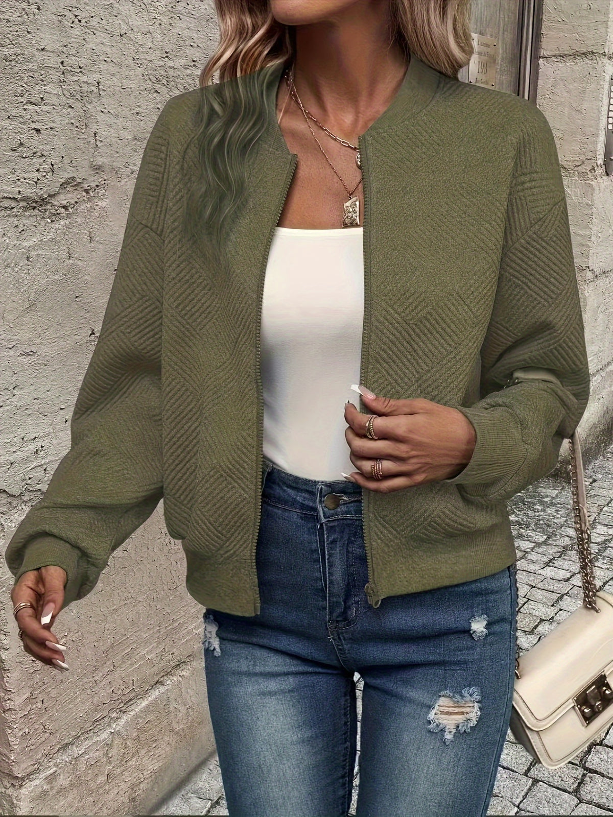 Leonie | Textured Ribbed Zip-Front Bomber Jacket for Women