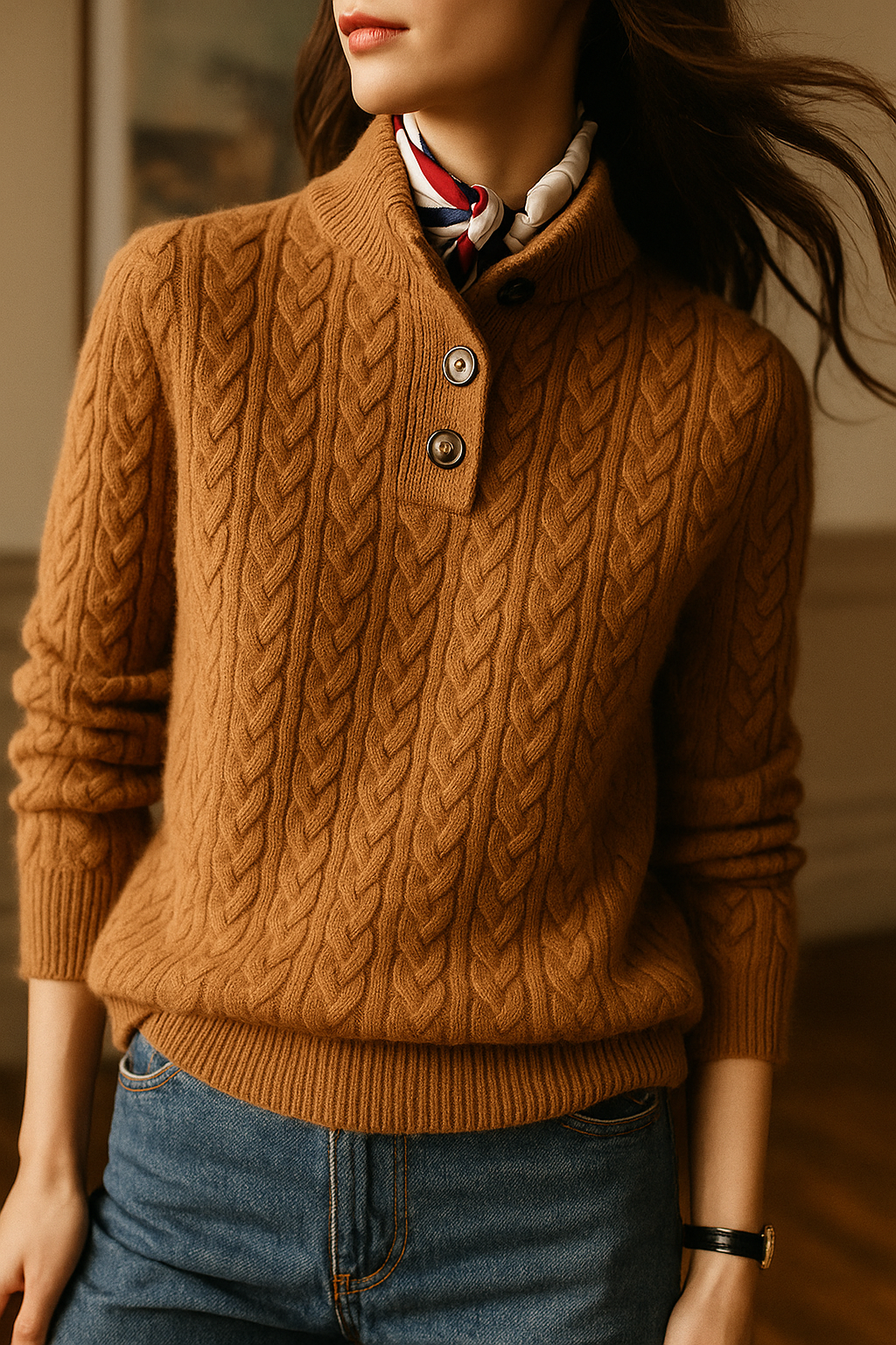 Freja | Button-Up Cable Knit Sweater with Ribbed Hem for Women