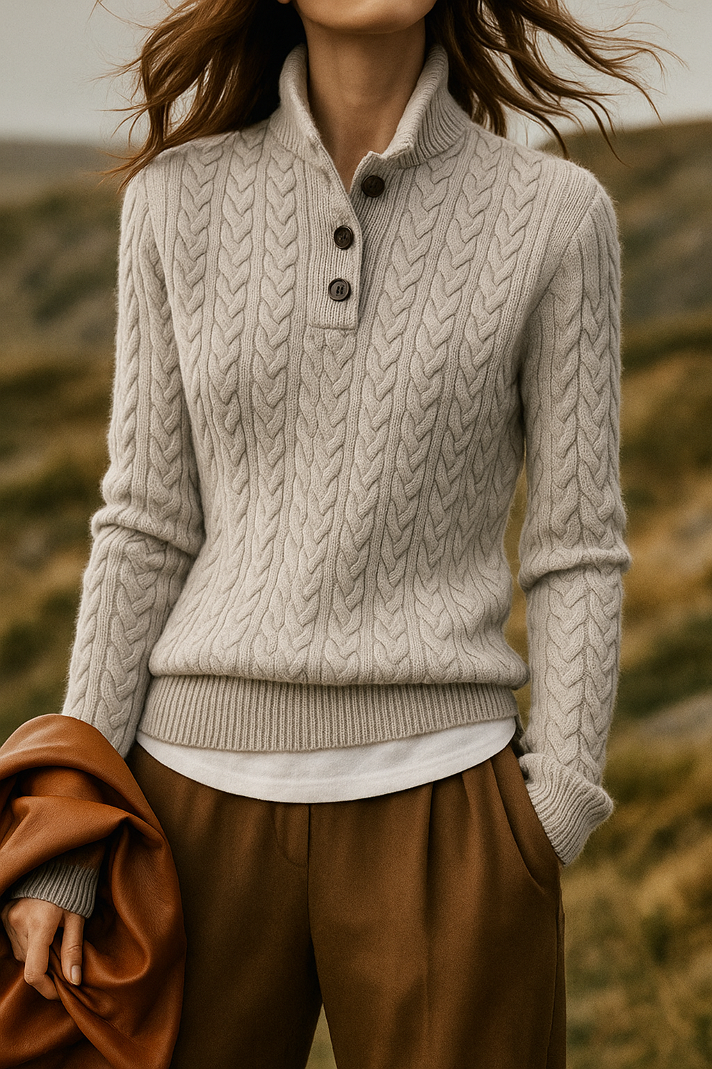 Freja | Button-Up Cable Knit Sweater with Ribbed Hem for Women