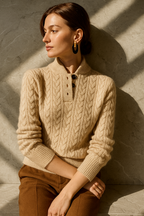 Freja | Button-Up Cable Knit Sweater with Ribbed Hem for Women