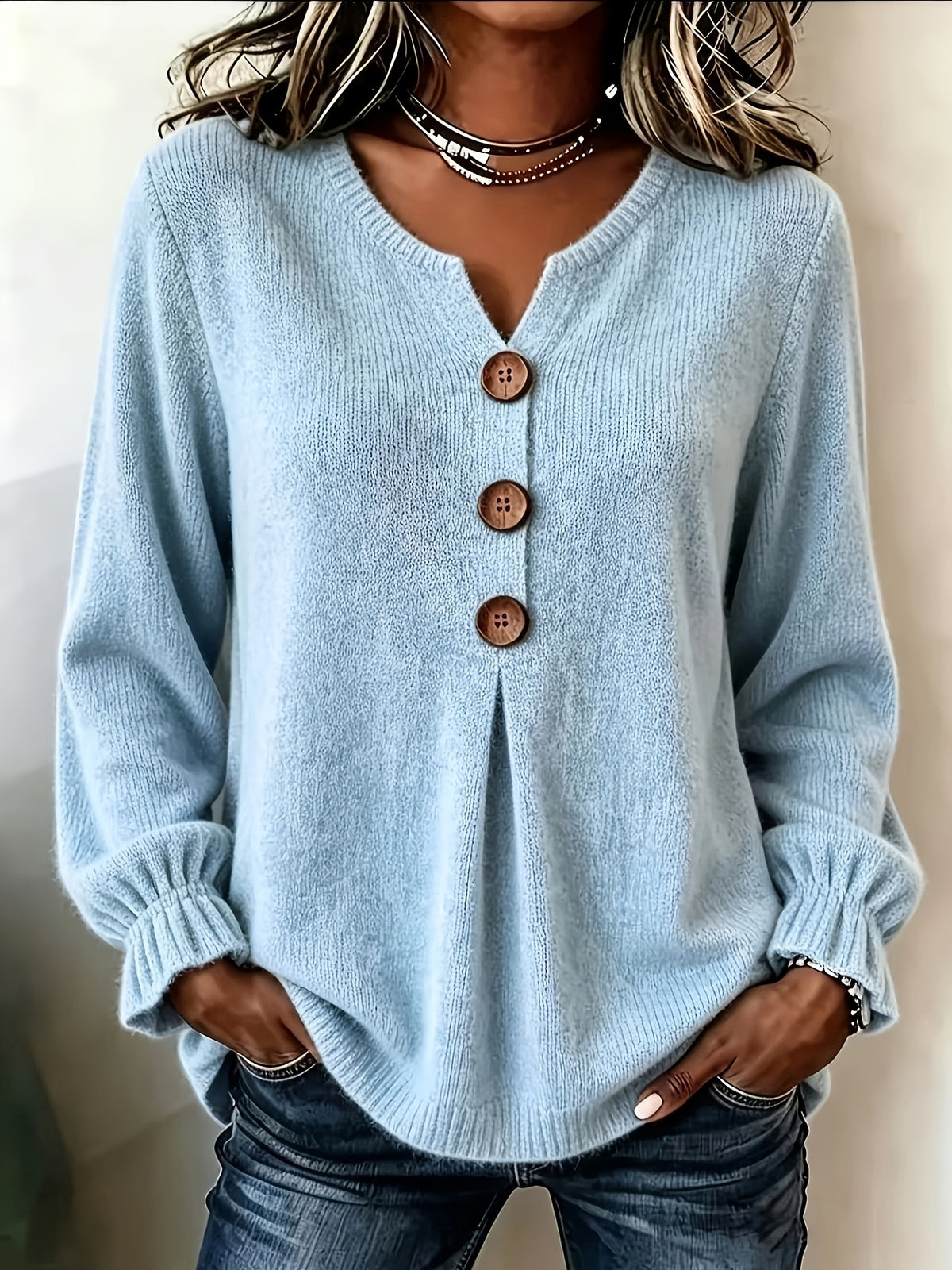 Constance | Ribbed Henley Sweater with Wooden Buttons for Women