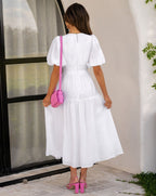 Kaya | V-Neck Puffed Sleeve Midi Dress for Women