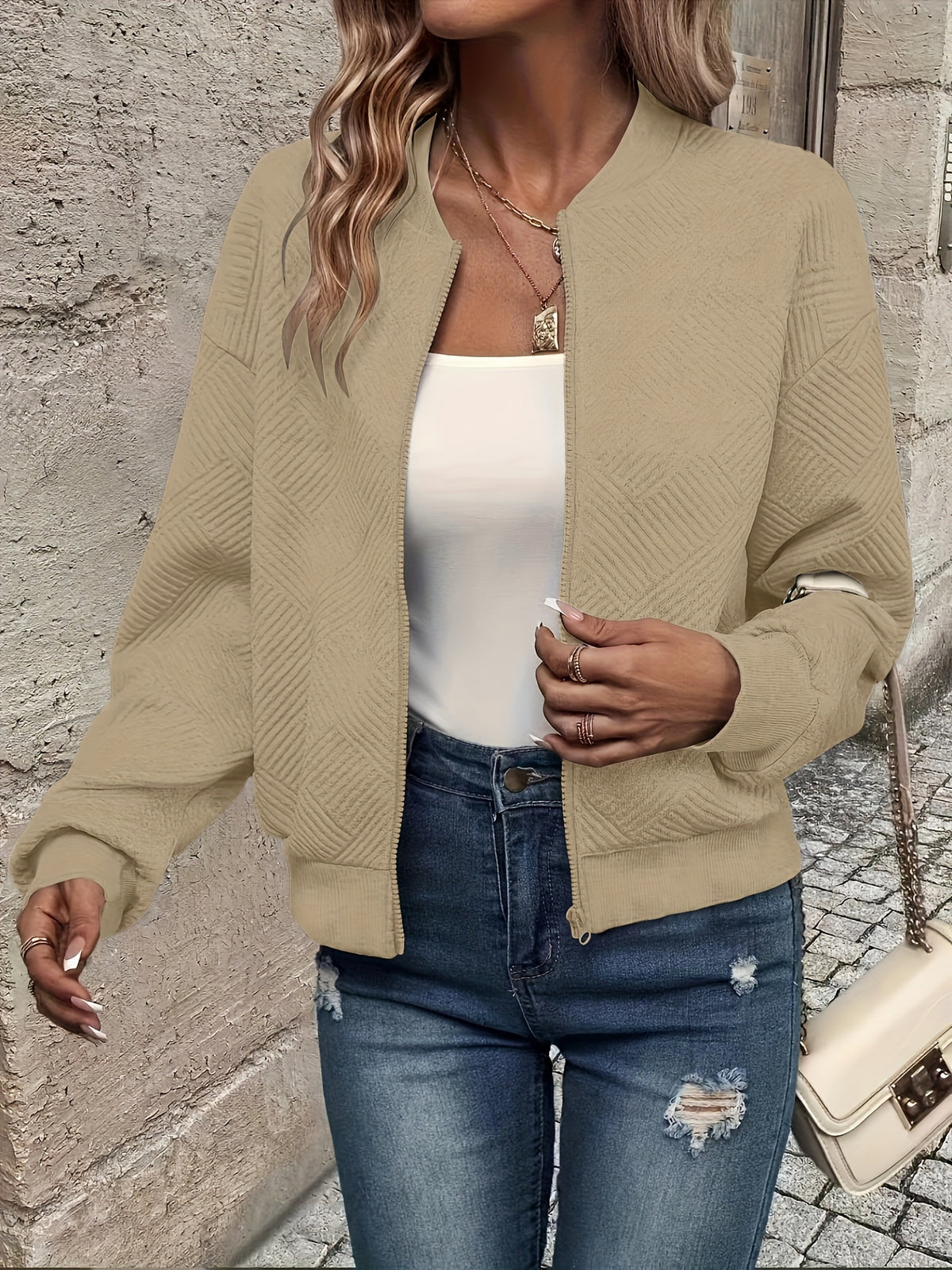 Leonie | Textured Ribbed Zip-Front Bomber Jacket for Women