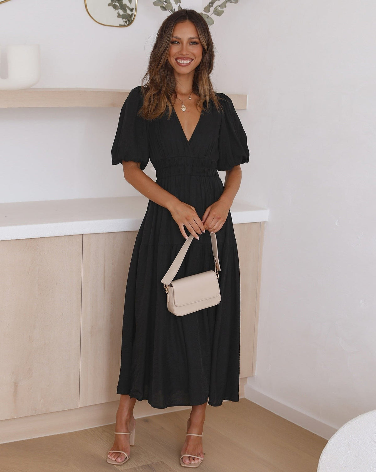 Kaya | V-Neck Puffed Sleeve Midi Dress for Women