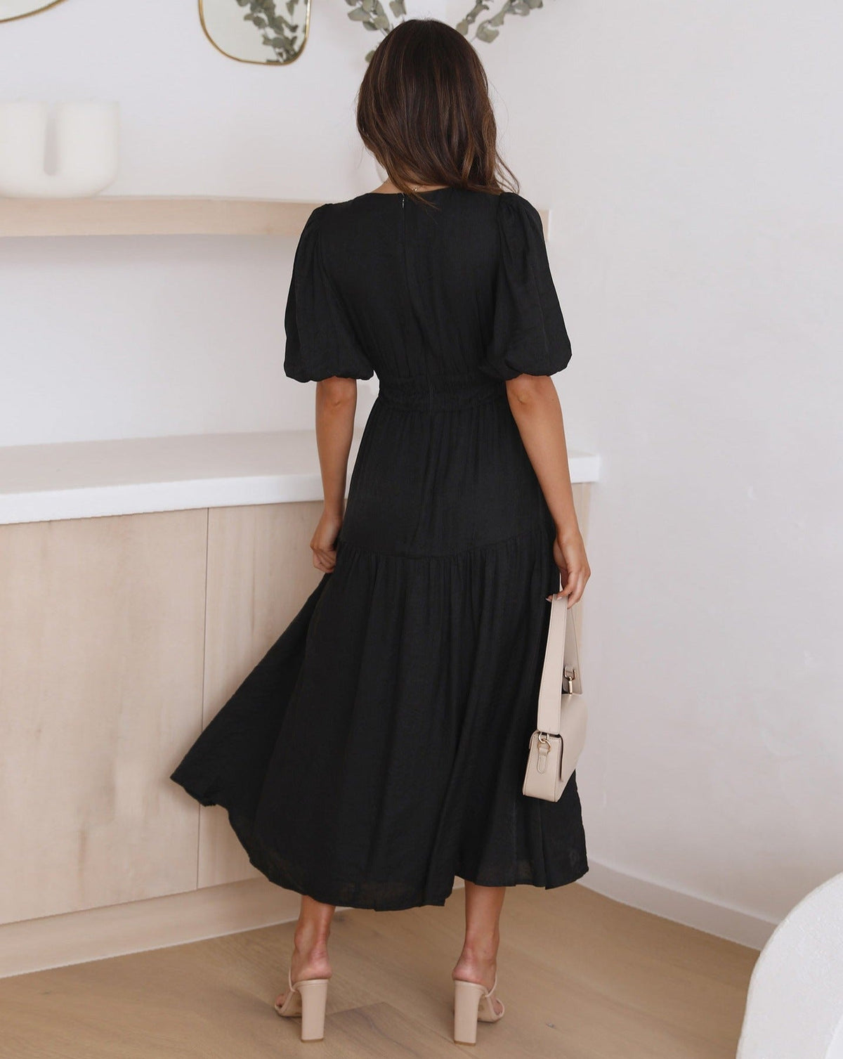 Kaya | V-Neck Puffed Sleeve Midi Dress for Women