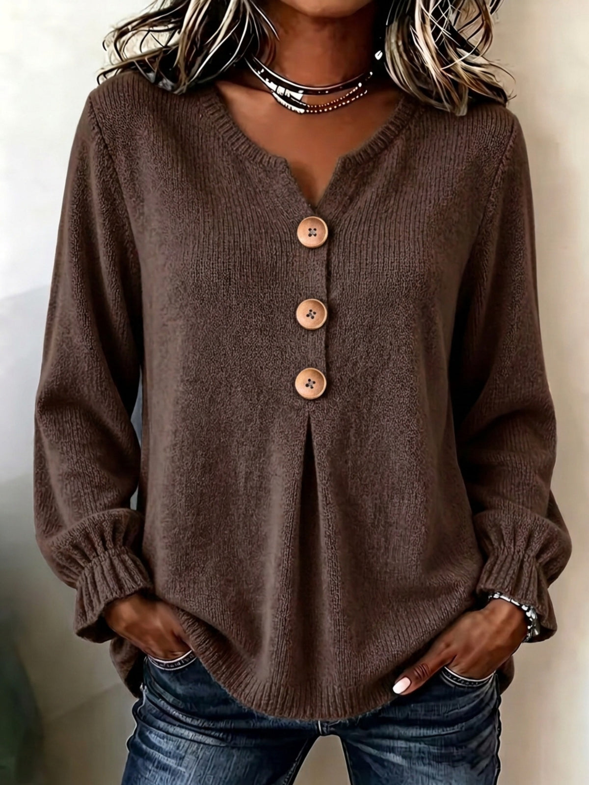 Constance | Ribbed Henley Sweater with Wooden Buttons for Women