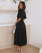 Kaya | V-Neck Puffed Sleeve Midi Dress for Women