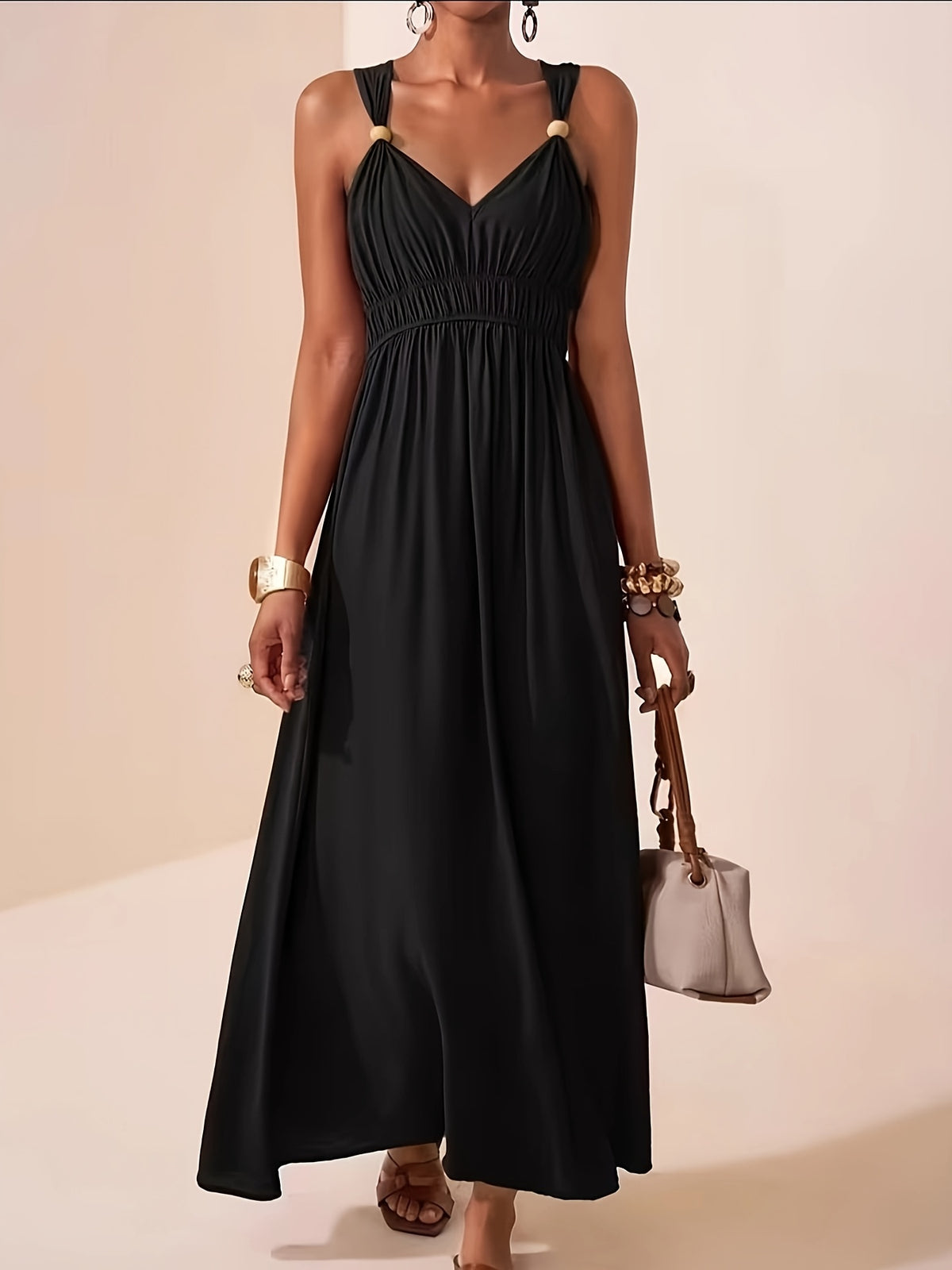 Thalia | Ruched V-Neck Maxi Dress with Bead Straps for Women
