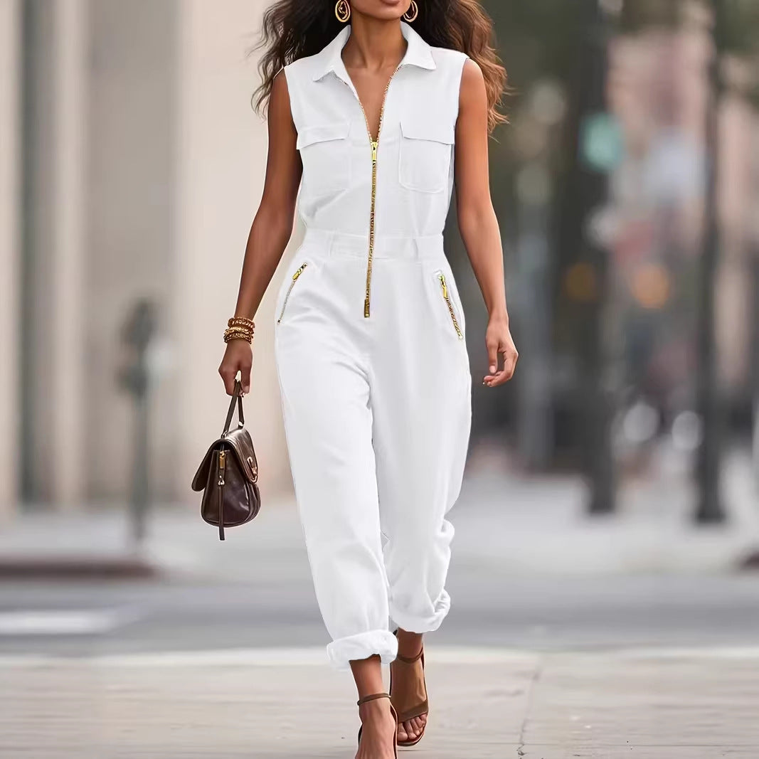 Nadelina | Sleeveless Utility Jumpsuit with Gold-Tone Zip
