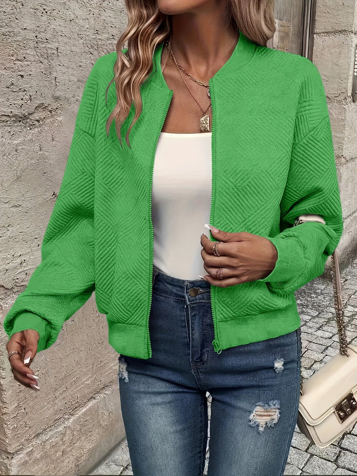 Leonie | Textured Ribbed Zip-Front Bomber Jacket for Women