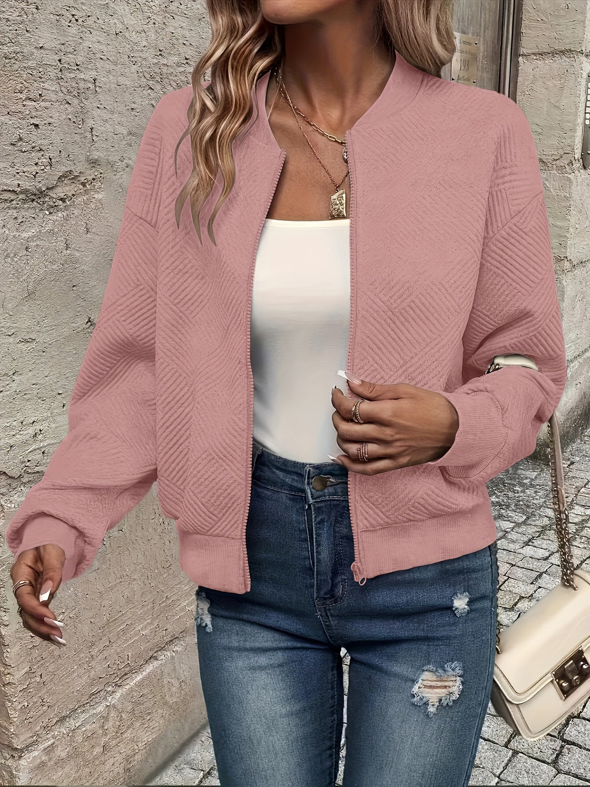 Leonie | Textured Ribbed Zip-Front Bomber Jacket for Women