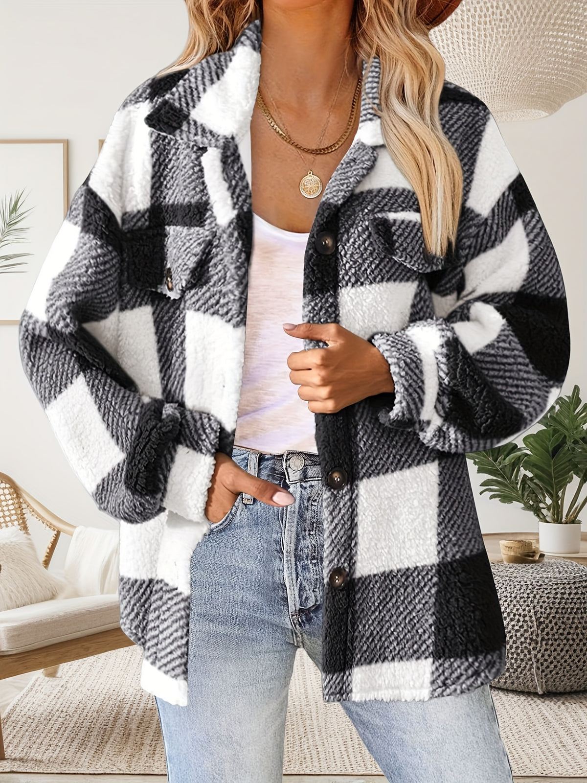 Anja | Plaid Teddy Shacket with Button-Front for Women
