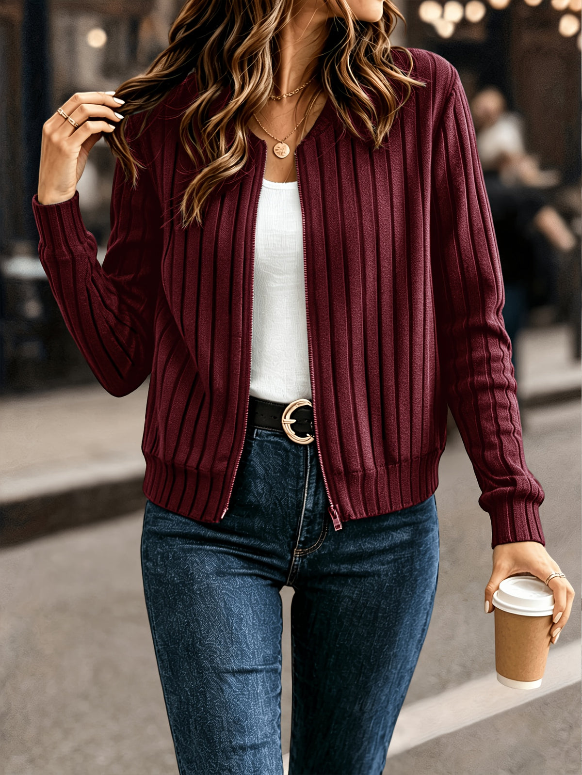 Jasmine | Ribbed Zip-Front Bomber Cardigan for Women