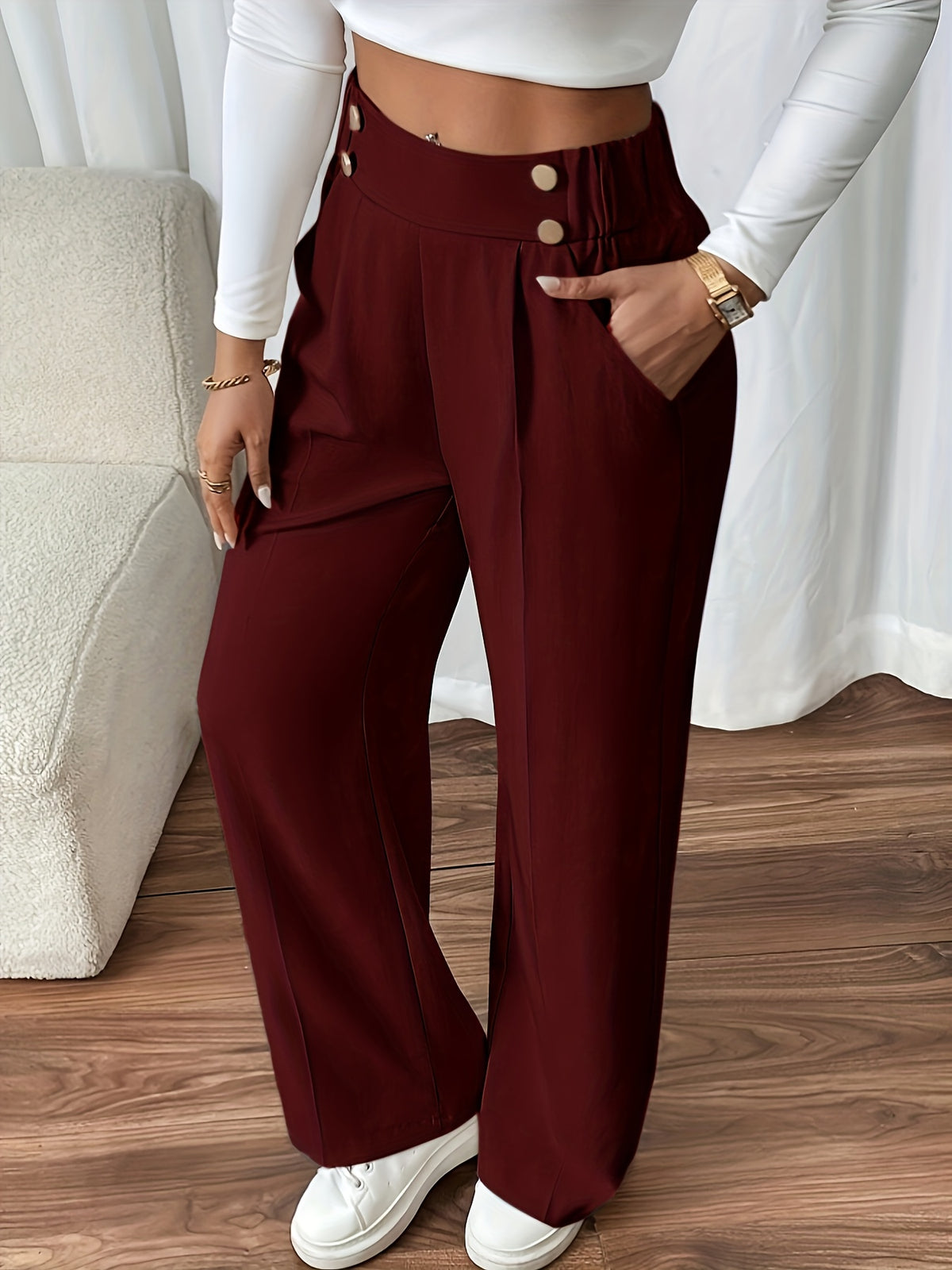 Bodil | Pleated Wide Leg Trousers with Button Waist for Women