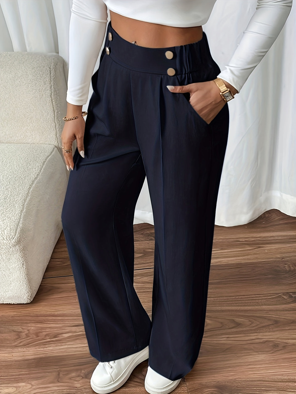 Bodil | Pleated Wide Leg Trousers with Button Waist for Women