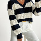 Otilia | Striped V-Neck Oversized Cable Knit Sweater for Women