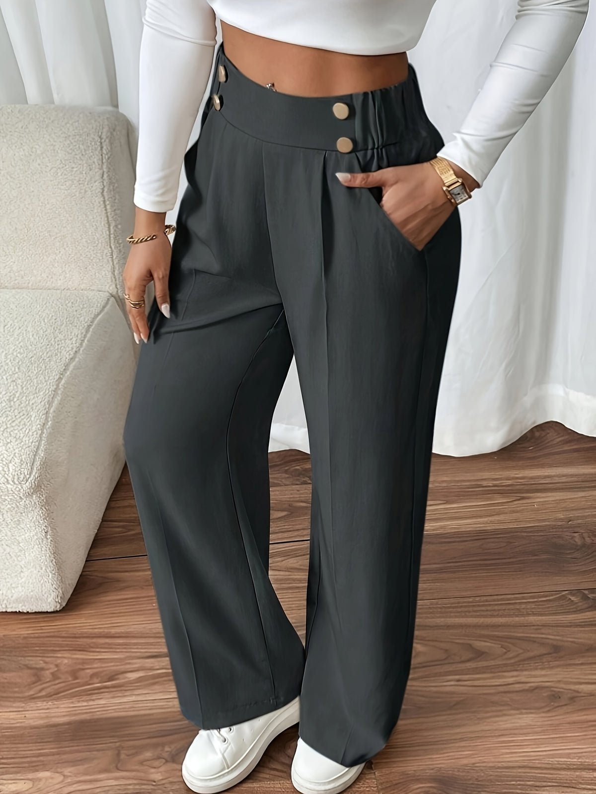 Bodil | Pleated Wide Leg Trousers with Button Waist for Women