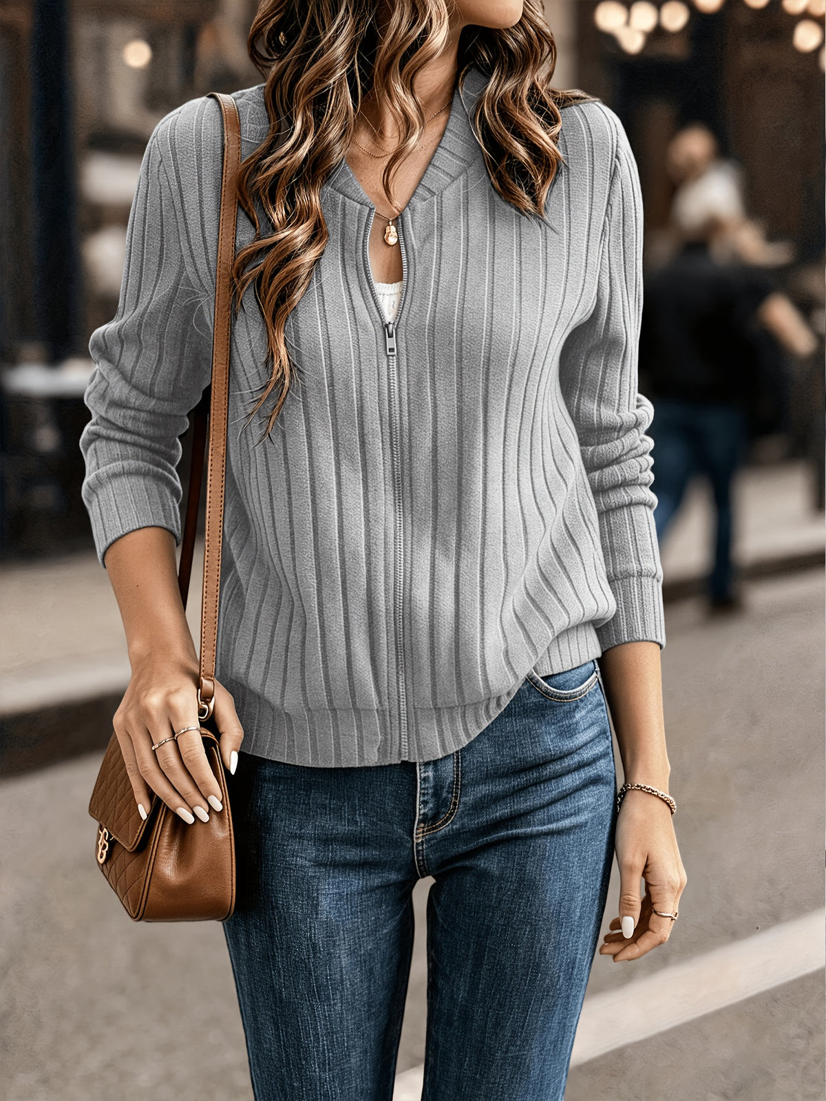Jasmine | Ribbed Zip-Front Bomber Cardigan for Women
