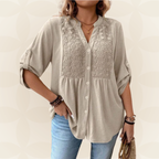 Talora – Button-Front V-Neck Blouse with Roll-Up Sleeves
