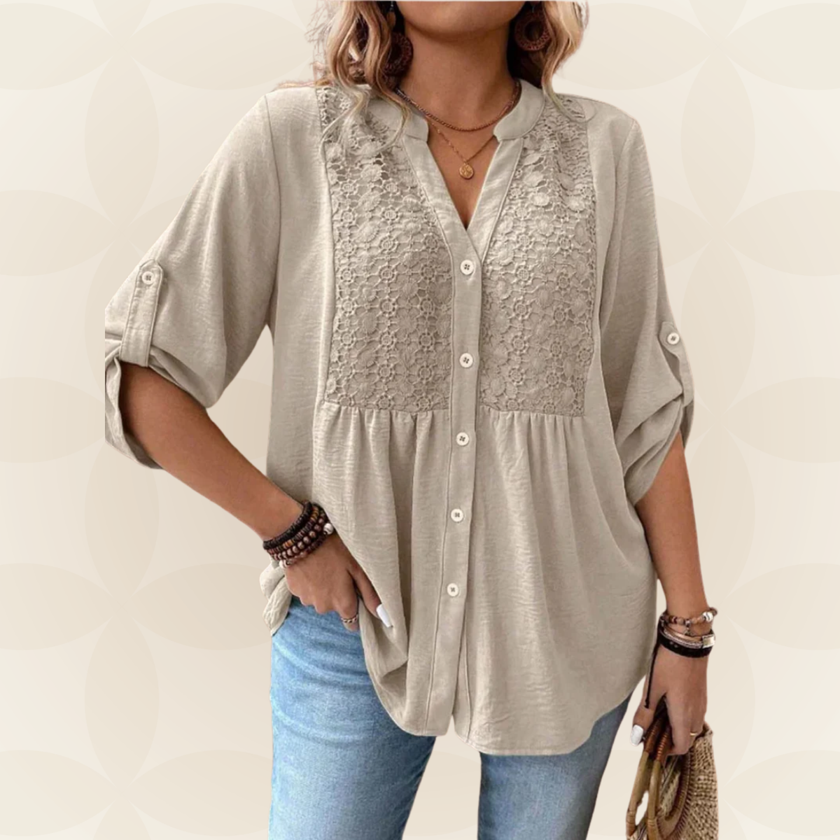 Talora – Button-Front V-Neck Blouse with Roll-Up Sleeves