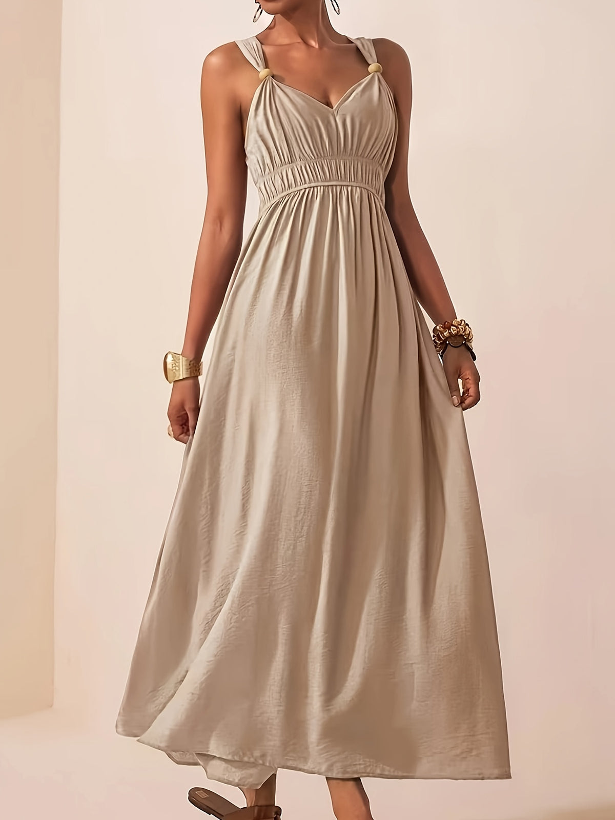 Thalia | Ruched V-Neck Maxi Dress with Bead Straps for Women