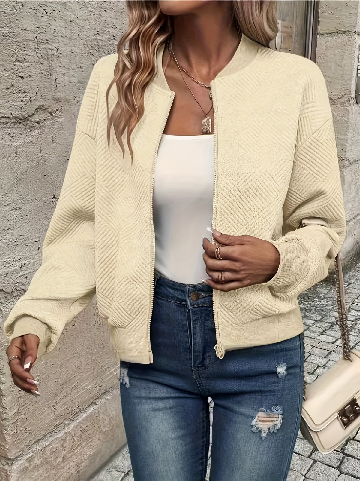 Leonie | Textured Ribbed Zip-Front Bomber Jacket for Women