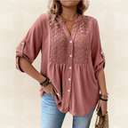 Talora – Button-Front V-Neck Blouse with Roll-Up Sleeves