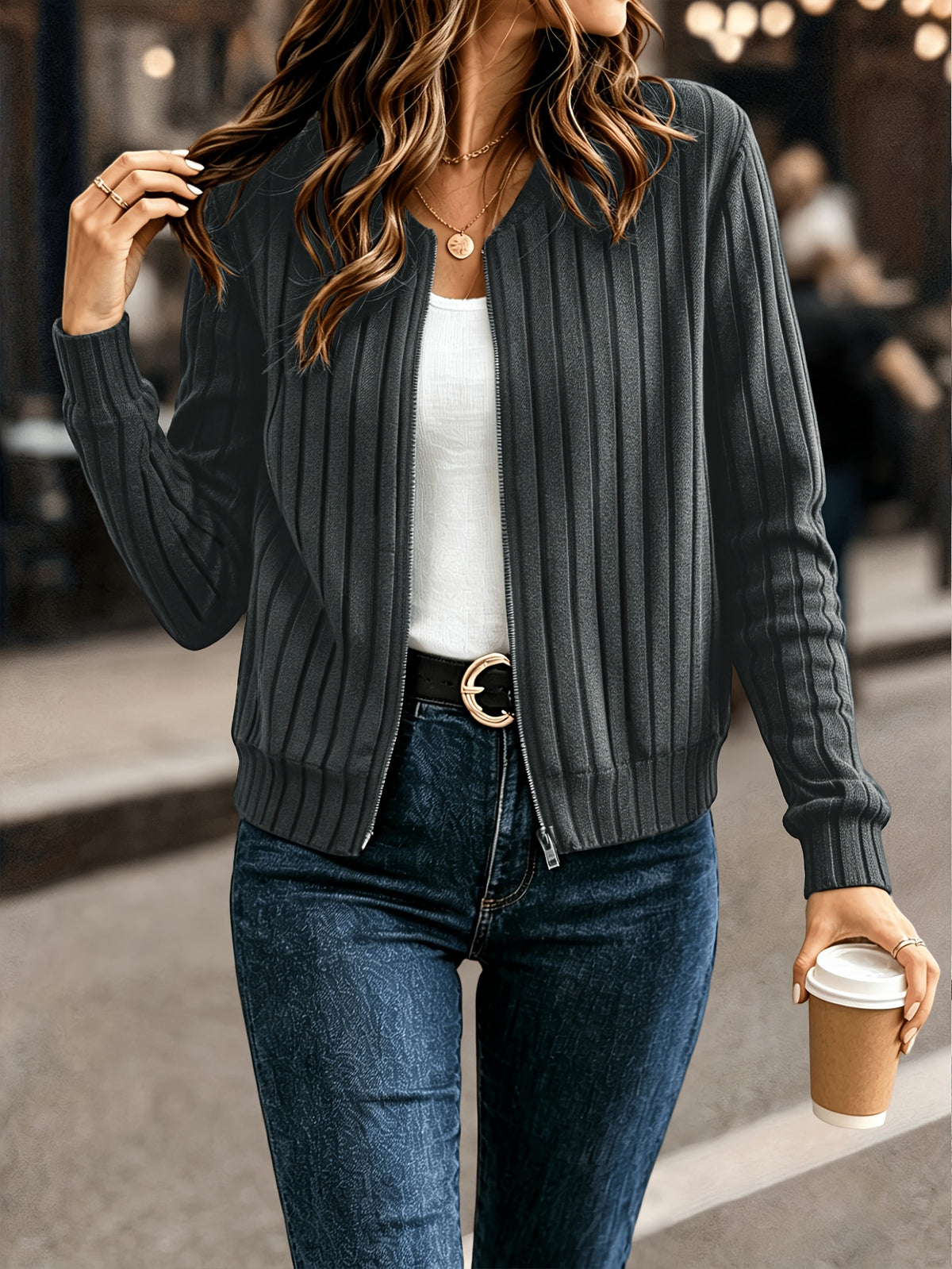Jasmine | Ribbed Zip-Front Bomber Cardigan for Women