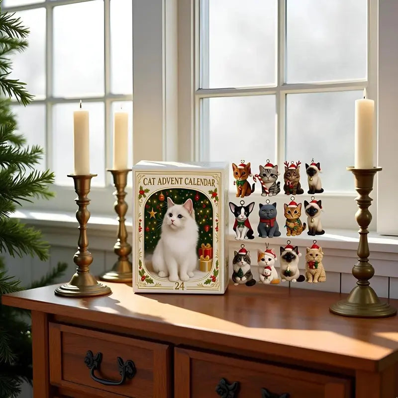 HANGING CAT ADVENT CALENDAR – 24 CLEAR ACRYLIC CAT ORNAMENTS
