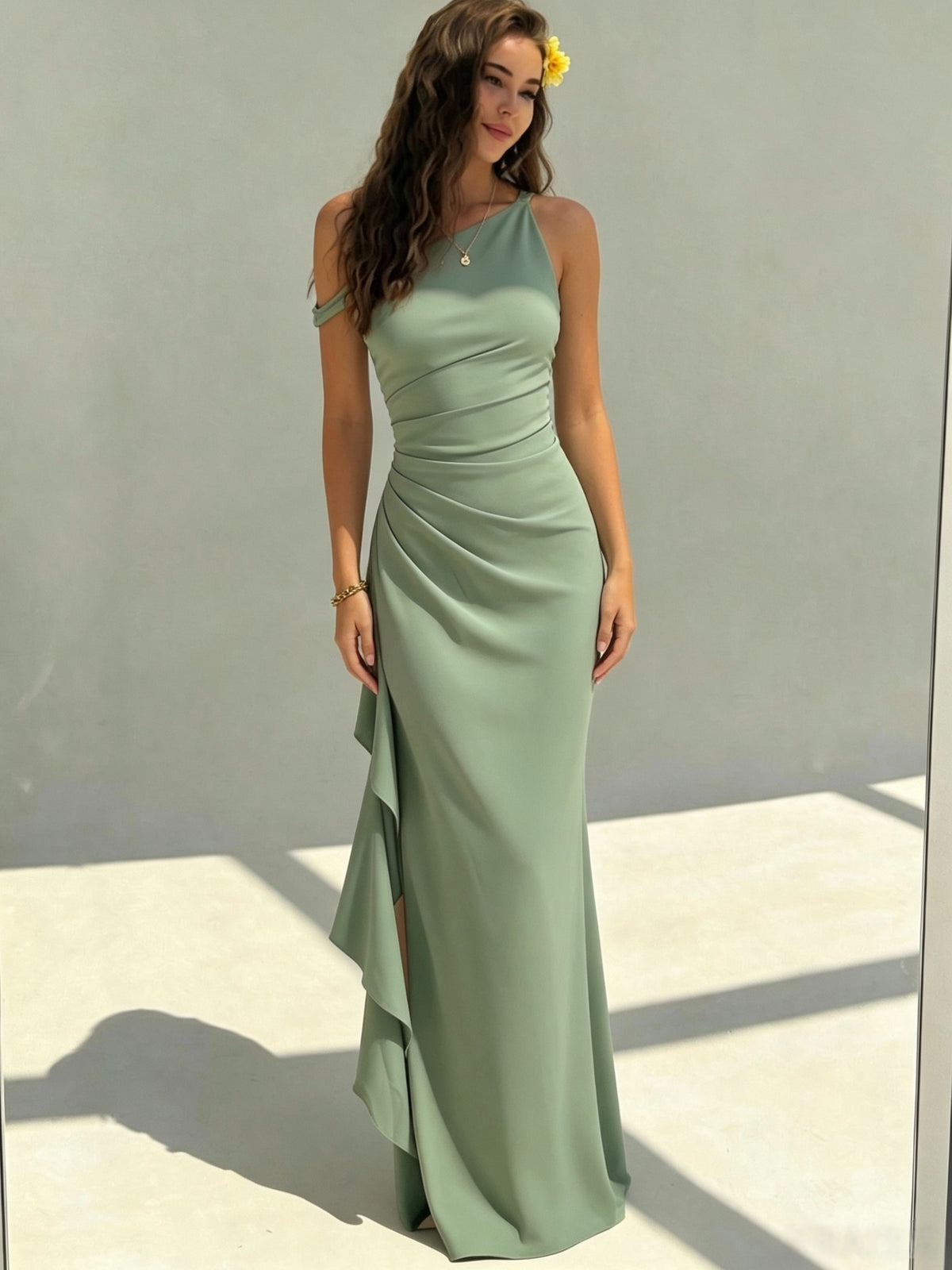 Heidi | One-Shoulder Ruched Cocktail Dress with High Slit