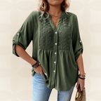 Talora – Button-Front V-Neck Blouse with Roll-Up Sleeves