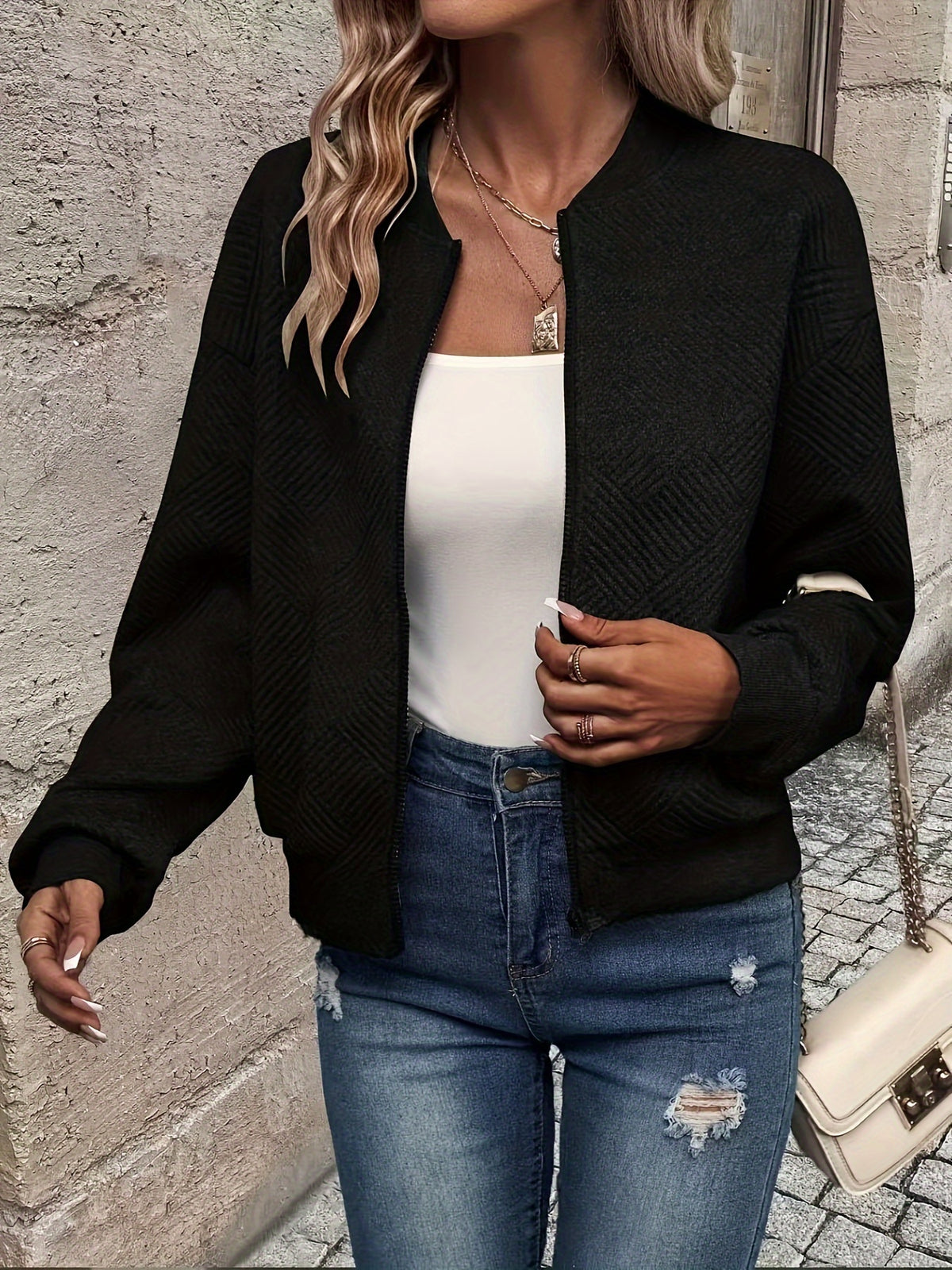 Leonie | Textured Ribbed Zip-Front Bomber Jacket for Women