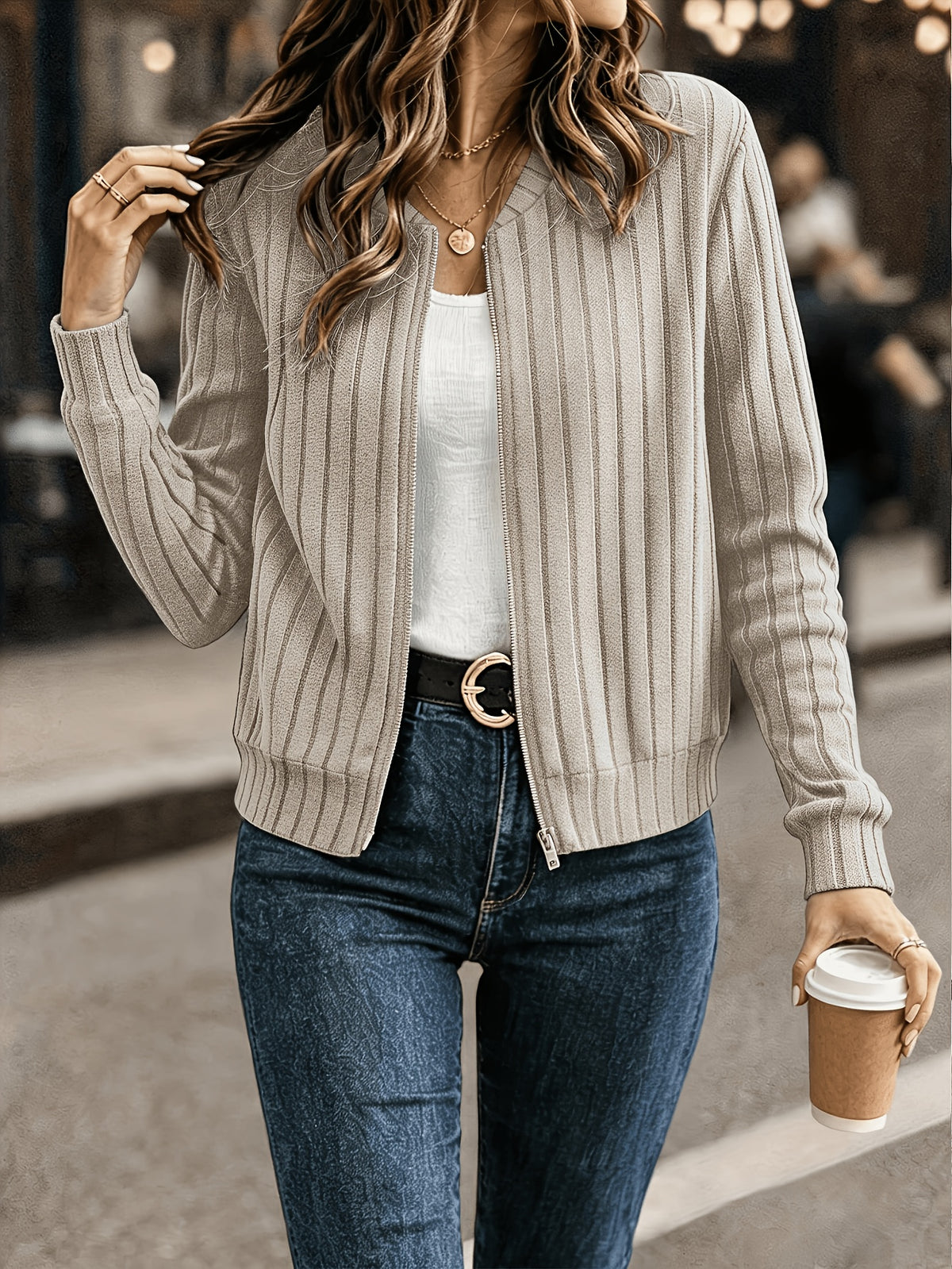 Jasmine | Ribbed Zip-Front Bomber Cardigan for Women