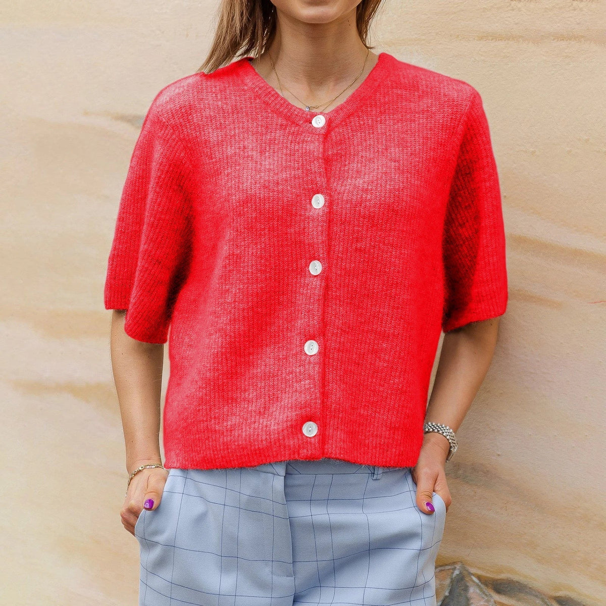 Kate | Ribbed Crewneck Cardigan Vest with Short Sleeves for Women