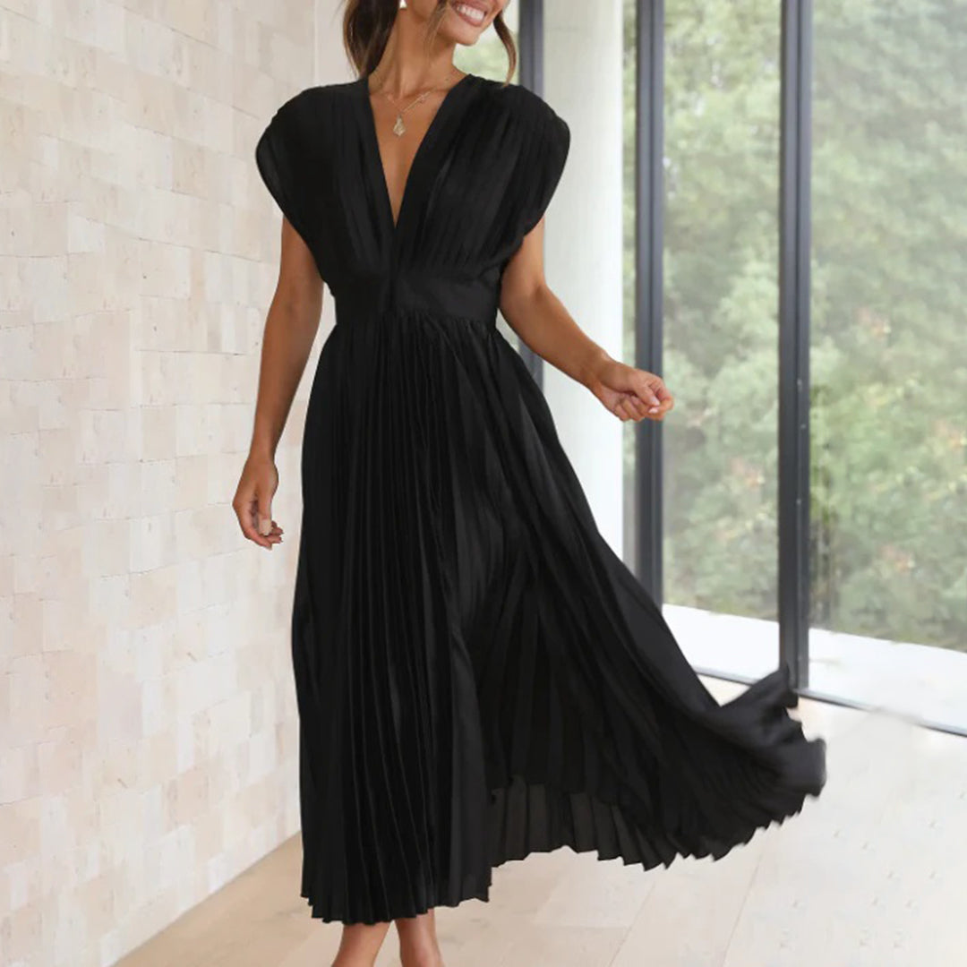 Mabel | Pleated V-Neck Midi Dress with Belted Waist for Women