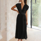 Mabel | Pleated V-Neck Midi Dress with Belted Waist for Women